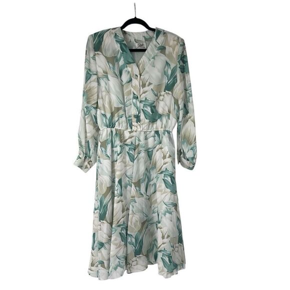 Vintage White Green Floral Half Button Long Sleeve Dress